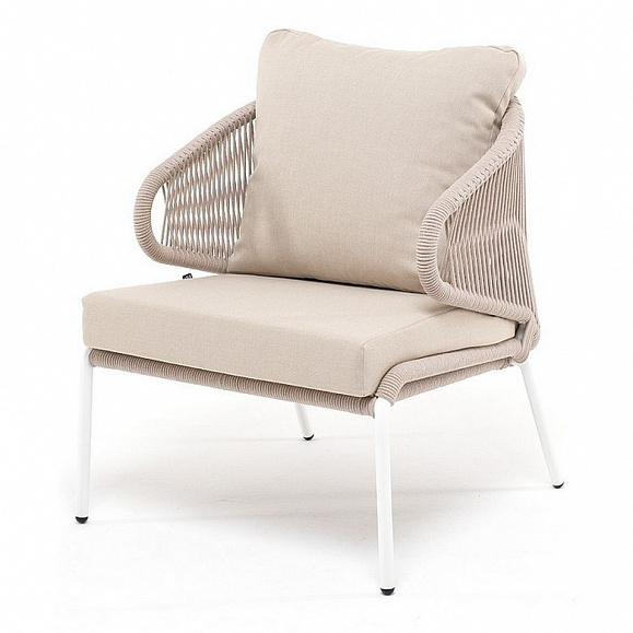 Кресло плетеное Милан 4SIS из роупа, каркас алюминий белый шагрень, роуп бежевый круглый, ткань бежевая фото 1