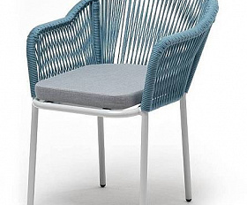 Стул Лион 4SIS плетеный из роупа, каркас из стали светло-серый (RAL7035) муар, роуп бирюзовый круглый, ткань светло-серая