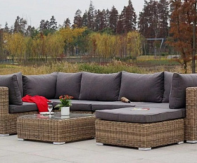 Модуль диванный угловой Лунго 4SIS из искусственного ротанга, цвет соломенный с подушками