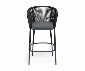 Марсель стул барный плетеный из роупа, каркас из стали темно-серый (RAL7024) муар, роуп темно-серый круглый, ткань темно-серая 027 NEW