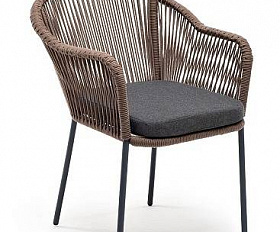 Стул Лион 4SIS плетеный из роупа, каркас из стали серый (RAL7022) муар, роуп коричневый круглый, ткань темно-серая 27