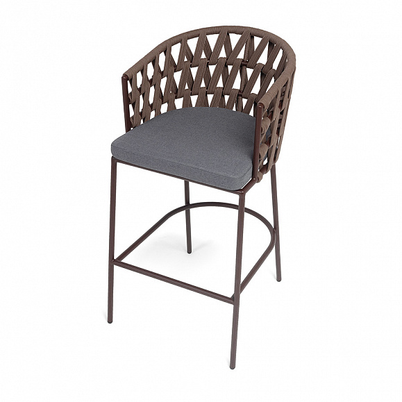 Диего стул барный плетеный из роупа, каркас из стали коричневый (RAL8016) муар, роуп коричневый круглый, ткань темно-серая 027 фото 4