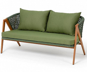 Диван Амстердам 4SIS 2-местный плетеный из роупа, каркас алюминий, роуп зеленый круглый, ткань зеленая