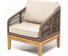 Канны кресло плетеное из роупа, основание дуб, роуп коричневый круглый, ткань бежевая 15052