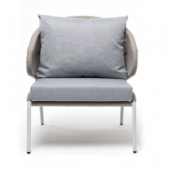 Кресло плетеное Милан 4SIS из роупа, каркас алюминий светло-серый (RAL7035) шагрень, роуп серый меланж круглый, ткань светло-серая фото 3
