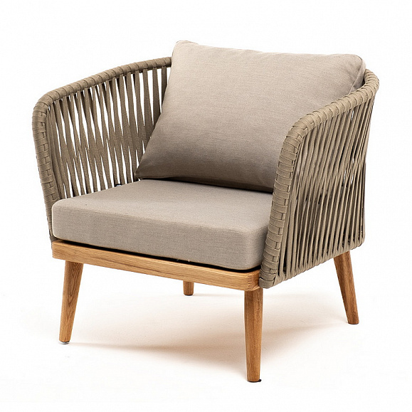 Мальорка кресло плетеное из роупа, основание дуб, роуп серо-коричневый 23мм, ткань бежевая 15052 фото 1