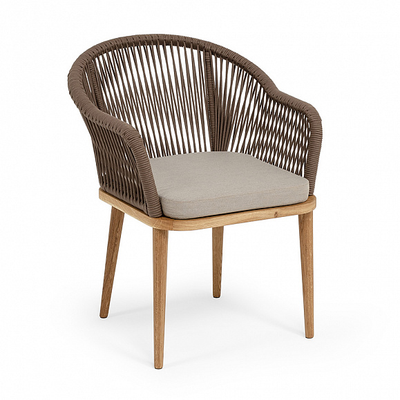 Лион стул плетеный из роупа, основание дуб, роуп коричневый круглый, ткань бежевая 15052 фото 2