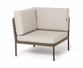 Канны угловой модуль плетеный из роупа, каркас алюминий коричневый (RAL8016) муар, роуп коричневый круглый, ткань бежевая 15052