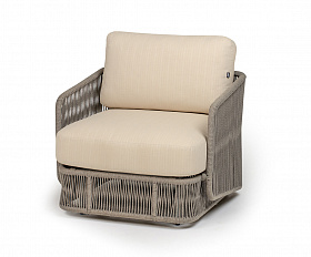 Альбано кресло плетеное из роупа, каркас алюминий светло-серый (RAL7035) муар, роуп серый меланж круглый, ткань Mossle светло-бежевая