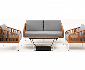 Канны лаунж-зона 4-местная из роупа со столом Глория цвет дуб, каркас алюминиевый белый, роуп оранжевый меланж