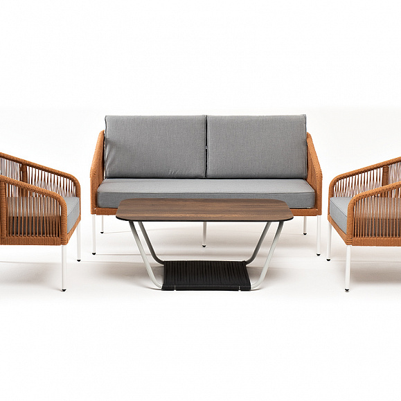 Канны лаунж-зона 4-местная из роупа со столом Глория цвет дуб, каркас алюминиевый белый, роуп оранжевый меланж фото 5