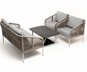 Лаунж-зона Канны 4-местная из роупа со столом Глория (серый гранит), каркас алюминиевый светло-серый, роуп серый меланж