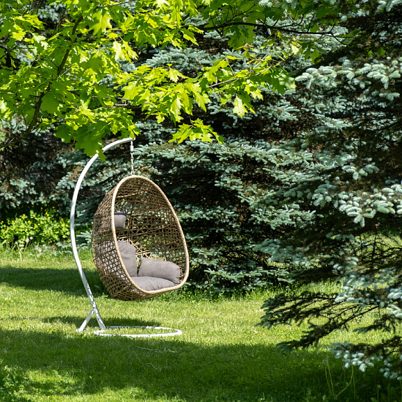 Флоренция подвесное кресло-кокон из искусственного ротанга, цвет соломенный с серой подушкой фото 3