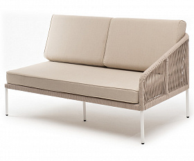 Канны левый модуль плетеный из роупа, каркас алюминий белый муар, роуп бежевый круглый, ткань бежевая 15052