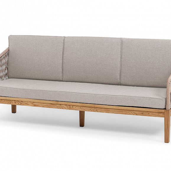 Канны диван 3-местный плетеный из роупа, основание дуб, роуп бежевый круглый, ткань бежевая 15052 фото 1