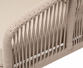 Канны диван 2-местный плетеный из роупа, каркас алюминий белый муар, роуп бежевый круглый, ткань бежевая 15052