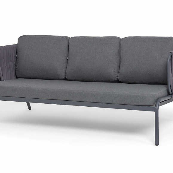 Ронда диван 3-местный плетеный из роупа, каркас алюминий темно-серый (RAL7024) муар, роуп серый 40 мм tex, ткань темно-серая 027 фото 1