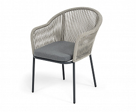 Лион стул плетеный из роупа, каркас из стали темно-серый (RAL7024) муар, роуп серый меланж круглый, ткань серая 017