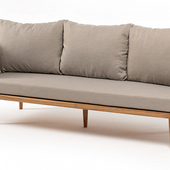 Мальорка диван 3-местный плетеный из роупа, основание дуб, роуп серо-коричневый 23мм, ткань бежевая 15052 фото 1