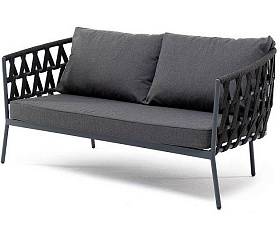 Диван Диего 4SIS 2-местный плетеный из роупа, каркас алюминий темно-серый (RAL7024) муар, роуп темно-серый круглый, ткань темно-серая 27