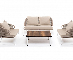 Лаунж-зона Милан 4SIS 4-местная плетеная из роупа (веревки), каркас алюминиевый белый, роуп бежевый