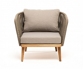 Мальорка кресло плетеное из роупа, основание дуб, роуп серо-коричневый 23мм, ткань бежевая 15052