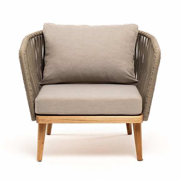 Мальорка кресло плетеное из роупа, основание дуб, роуп серо-коричневый 23мм, ткань бежевая 15052 фото 2