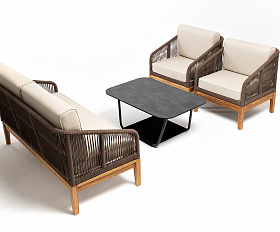 Канны лаунж-зона 4-местная из роупа со столом Гранада (серый гранит), основание дуб, роуп коричневый, ткань бежевая