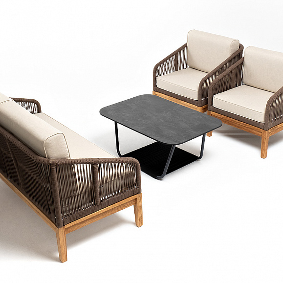 Канны лаунж-зона 4-местная из роупа со столом Гранада (серый гранит), основание дуб, роуп коричневый, ткань бежевая фото 2