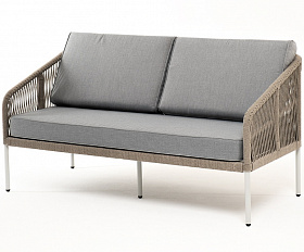 Канны диван 2-местный плетеный из роупа, каркас алюминий светло-серый (RAL7035) шагрень, роуп серый меланж круглый, ткань светло-серая