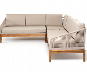 Канны диван модульный плетеный из роупа, основание дуб, роуп бежевый круглый, ткань бежевая 15052