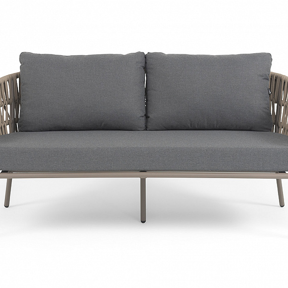 Комо диван 2-местный плетеный из роупа, каркас алюминий бежево-серый (RAL7006) муар, роуп серо-коричневый 23мм, ткань темно-серая 027 фото 3