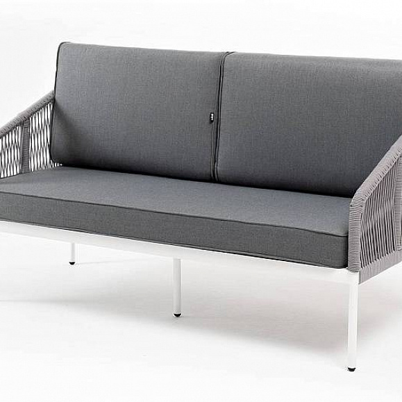 Диван Канны 4SIS 2-местный плетеный из роупа, каркас алюминий белый муар, роуп светло-серый круглый, ткань серая 17 фото 1