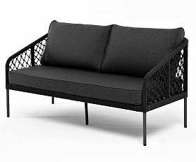 Диван Канны 4SIS 2-местный плетеный из роупа (узелки), каркас алюминий темно-серый (RAL7024) муар, роуп темно-серый круглый, ткань темно-серая 27