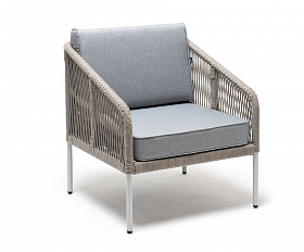 Канны кресло плетеное из роупа, каркас алюминий светло-серый (RAL7035) муар, роуп серый меланж круглый, ткань светло-серая