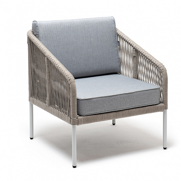 Канны кресло плетеное из роупа, каркас алюминий светло-серый (RAL7035) муар, роуп серый меланж круглый, ткань светло-серая фото 3