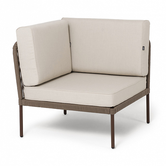 Канны угловой модуль плетеный из роупа, каркас алюминий коричневый (RAL8016) муар, роуп коричневый круглый, ткань бежевая 15052 фото 1