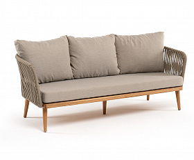 Мальорка диван 3-местный плетеный из роупа, основание дуб, роуп серо-коричневый 23мм, ткань бежевая 15052