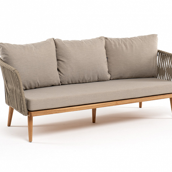 Мальорка диван 3-местный плетеный из роупа, основание дуб, роуп серо-коричневый 23мм, ткань бежевая 15052 фото 3