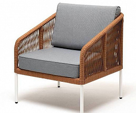 Кресло Канны 4SIS плетеное из роупа, каркас алюминий светло-серый (RAL7035) муар, роуп оранжевый меланж круглый, ткань светло-серая