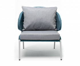 Кресло плетеное Милан 4SIS из роупа, каркас алюминий светло-серый (RAL7035) шагрень, роуп бирюзовый круглый, ткань светло-серая