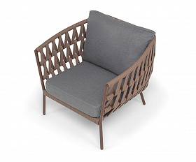 Диего кресло плетеное из роупа, каркас алюминий коричневый (RAL8016) муар, роуп коричневый круглый, ткань темно-серая 027