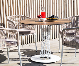 Марсель стул плетеный из роупа, каркас алюминий белый муар, роуп бежевый круглый, ткань бежевая 15052