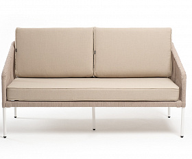 Канны диван 2-местный плетеный из роупа, каркас алюминий белый муар, роуп бежевый круглый, ткань бежевая 15052