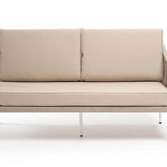 Канны диван 2-местный плетеный из роупа, каркас алюминий белый муар, роуп бежевый круглый, ткань бежевая 15052 фото 2