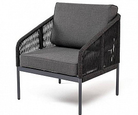 Кресло Канны 4SIS плетеное из роупа, каркас алюминий темно-серый (RAL7024) муар, роуп серый круглый, ткань серая 17