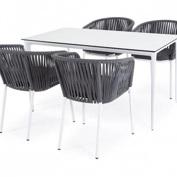 Обеденная группа Малага 4SIS на 4 персоны со стульями "Бордо", каркас белый, роуп серый фото 3