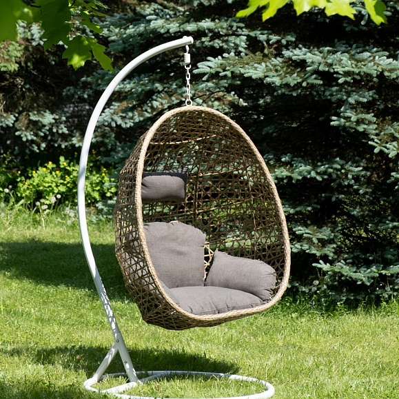 Флоренция подвесное кресло-кокон из искусственного ротанга, цвет соломенный с серой подушкой фото 1