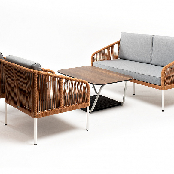 Канны лаунж-зона 4-местная из роупа со столом Глория цвет дуб, каркас алюминиевый белый, роуп оранжевый меланж фото 1