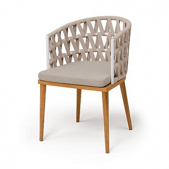 Стул Диего 4SIS плетеный из роупа, основание дуб каркас из стали белый муар, роуп бежевый круглый, ткань бежевая 52 фото 1